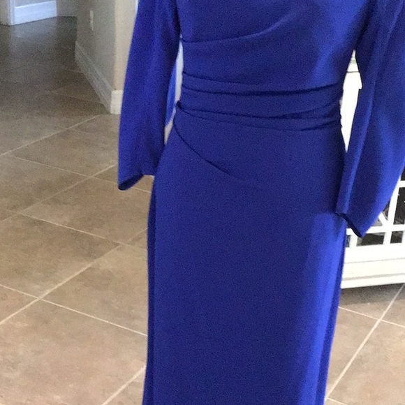 Talbot Runhof pret blue back zip gown, ruched, slit back, size 8 - Picture 3 of 14